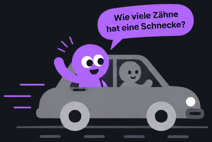 Qraki lehnt aus dem Autofenster und fragt: Wie viele Zähne hat eine Schnecke?